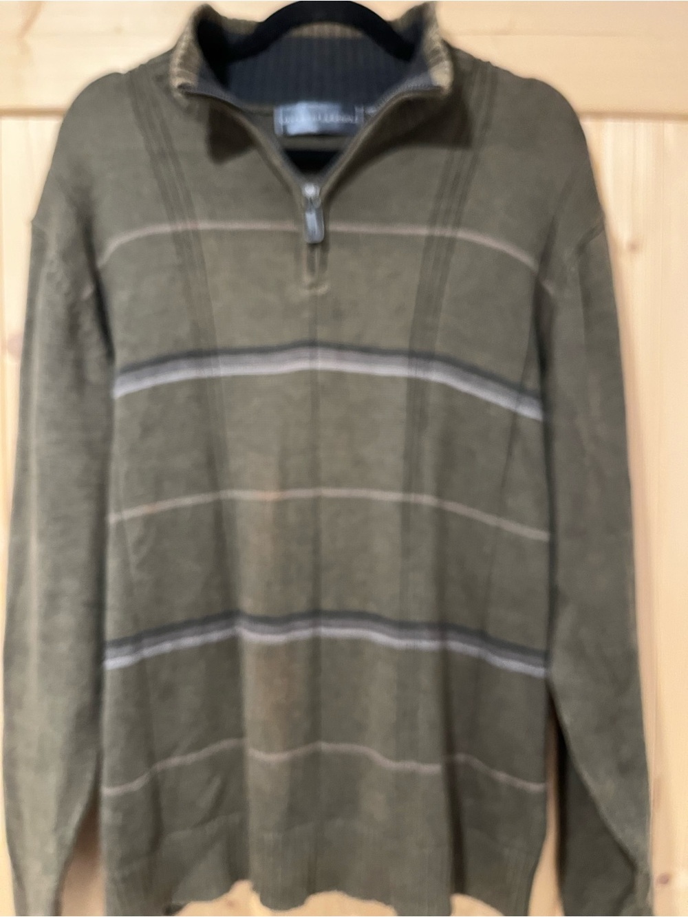 Oscar de la Renta Olive Zip-Neck Sweater with Subtle Stripe XL